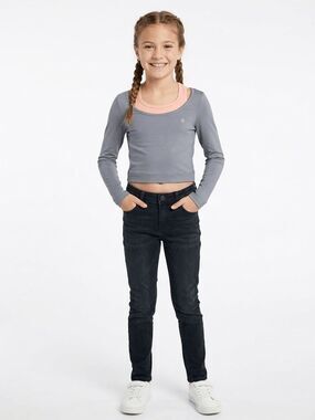 Balance Collection Girls Grey Long Sleeve Crop Top with Peach Sports Bra Size S